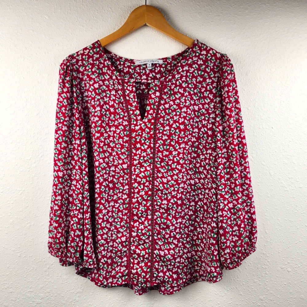 Collective Concepts Boho Red Floral Split Neck Long Sleeve Blouse Size Medium